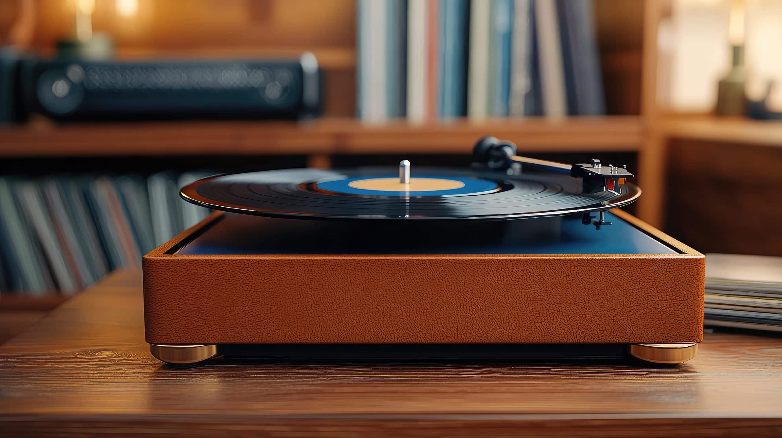 Giradischi in funzione con braccio e testina phono sul disco in vinile